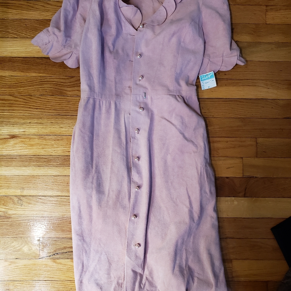 Vintage suede 1970s pale pink dress pearl buttons Vera Maxwell